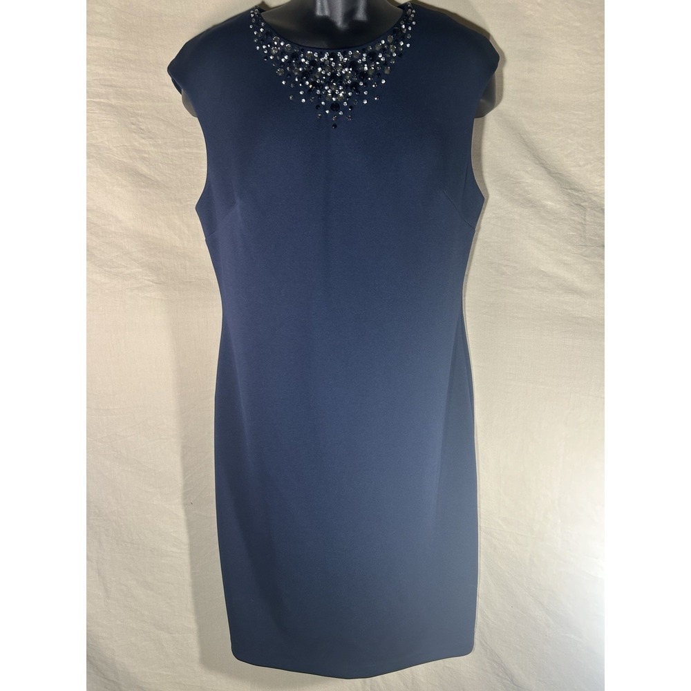 Alfani Womens 16 Navy Blue Sheath Dress Rhinestone Beaded Neckline Sleeveless